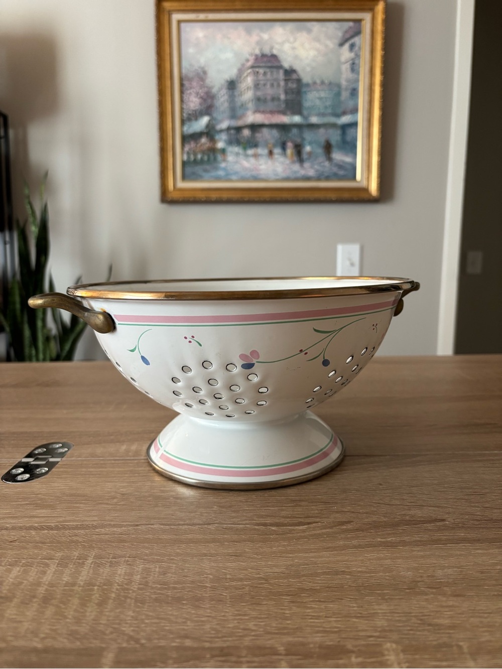 Vintage Decorative Colander with Pink & Green Floral Trim and Brass Handles